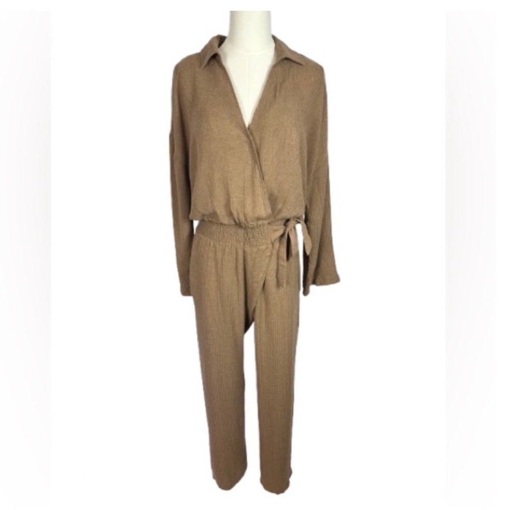 Zara Women Tan Brown Textured Long Sleeve Wrap Jumpsuit Small Smocked Waist